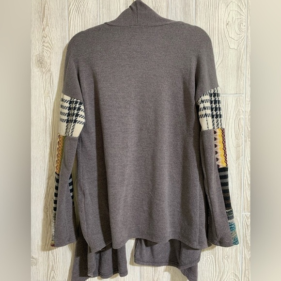 Cozy Drape Front Cardigan With Patchwork Sleeves by 12PM by Mon Ami Size LG - Picture 8 of 8